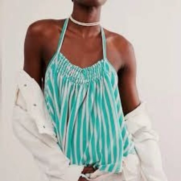 Free People We The Free Coastal Town Halter Top Green White Large - Picture 1 of 13